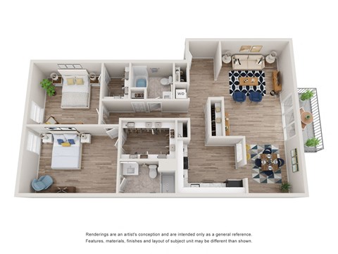 a stylized floor plan with a bedroom and living room